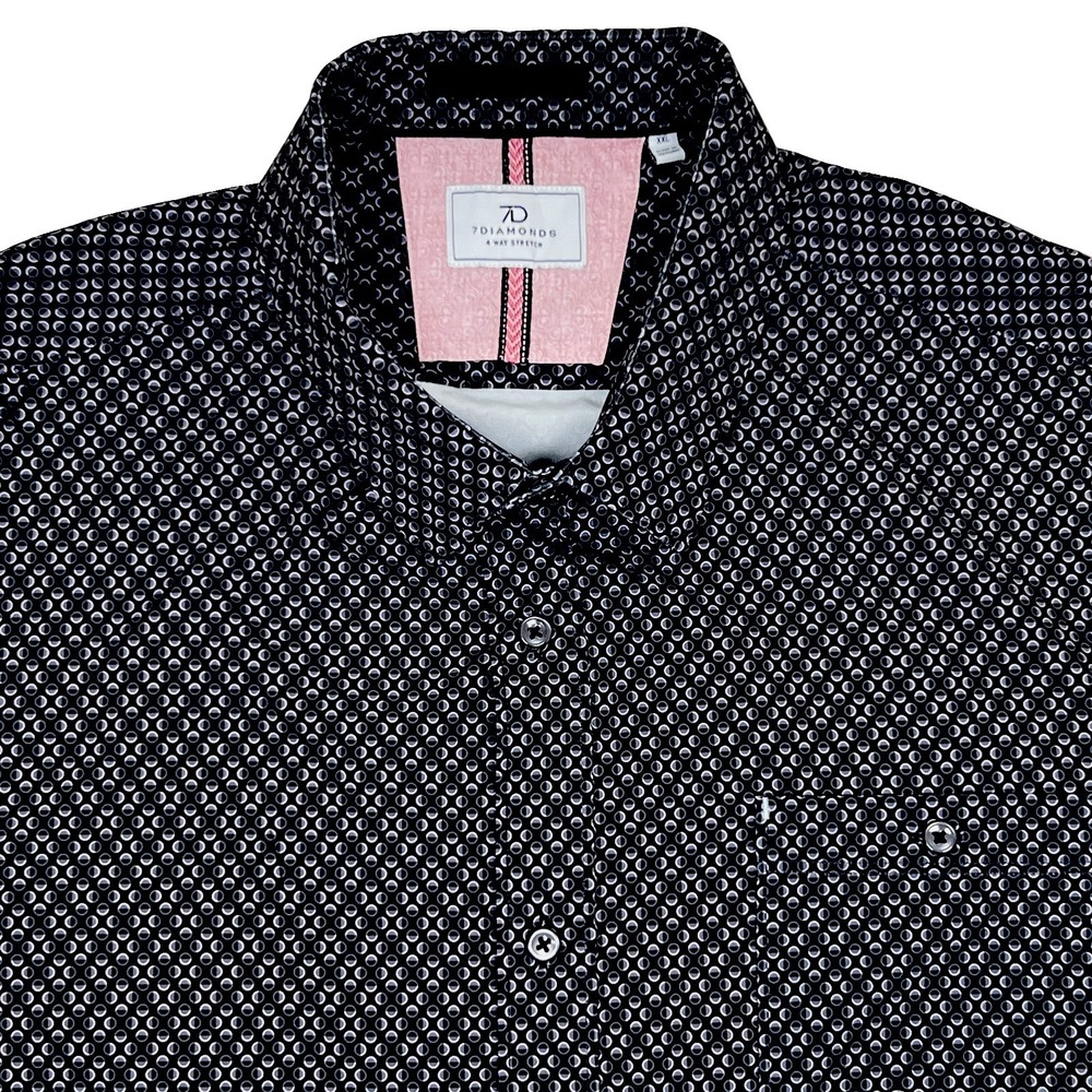 7 Diamonds Alonzo XXL Black Geometric 4 Way Stretch Short Sleeve Button Shirt